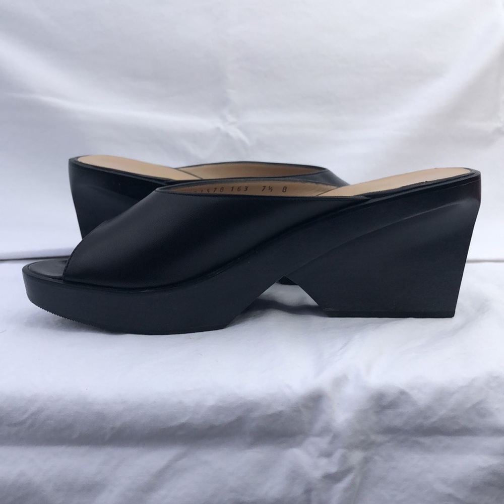 Ferragamo Wood & Leather Platform Peep Toe Slide/Mule w/3” Heel, Black - Picture 4 of 16